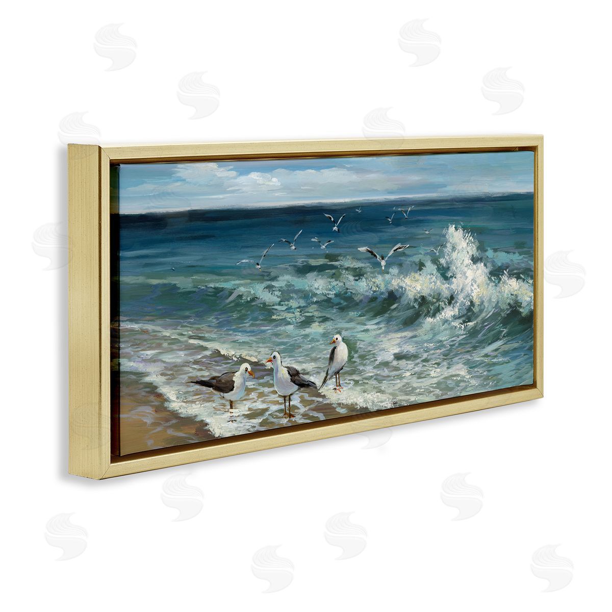 Incoming Beach Tide Seagulls Gold Floating Frame Canvas Wall Art, Home Decor by Heather Hayes