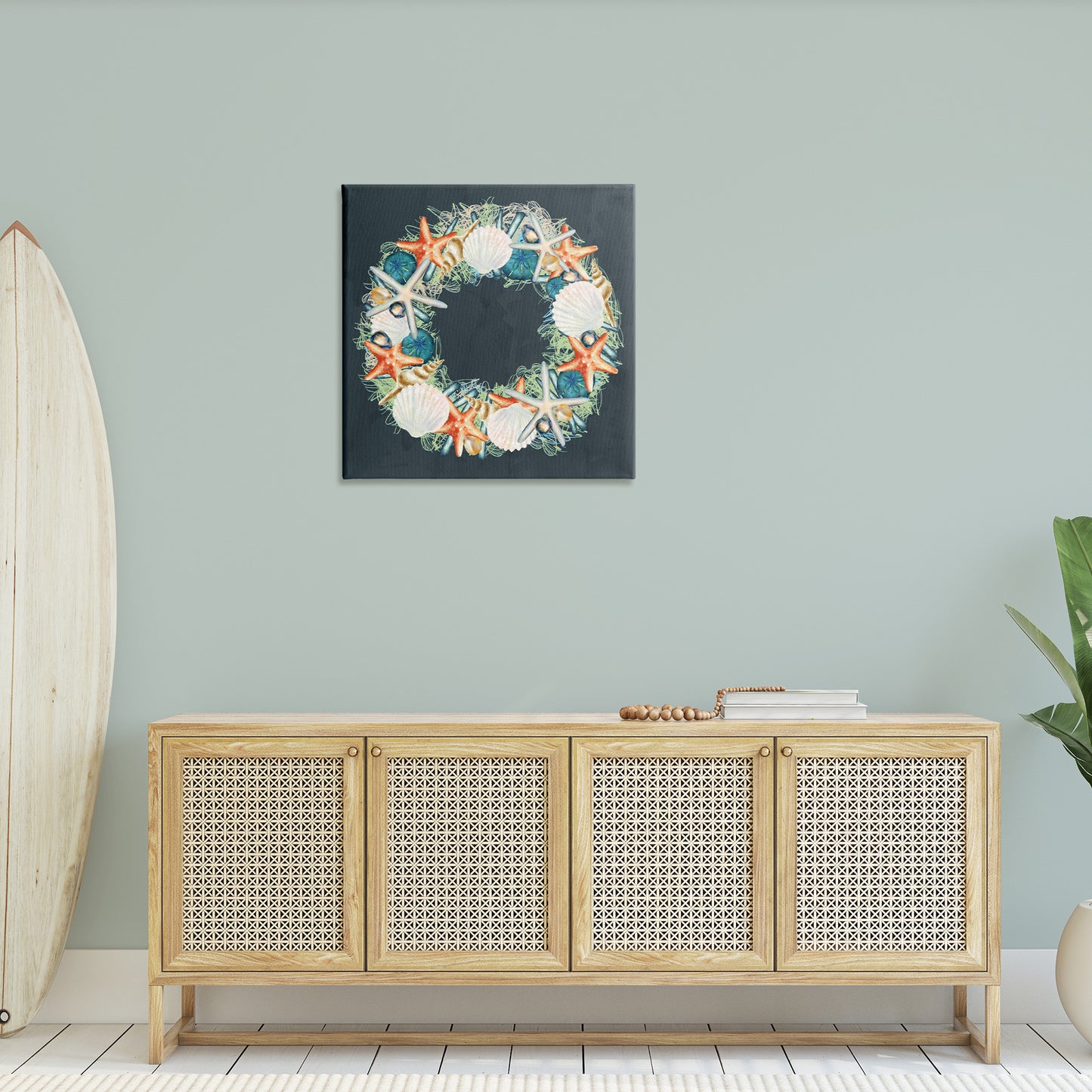 Starfish and Nautical Seashell Wreath Canvas Wall Art in Room, Home Decor by Ziwei Li