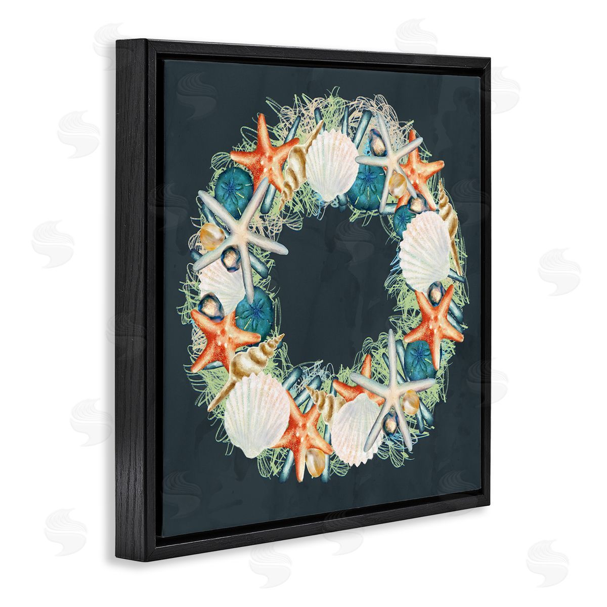 Starfish and Nautical Seashell Wreath Black Floating Frame Canvas Wall Art, Home Decor by Ziwei Li