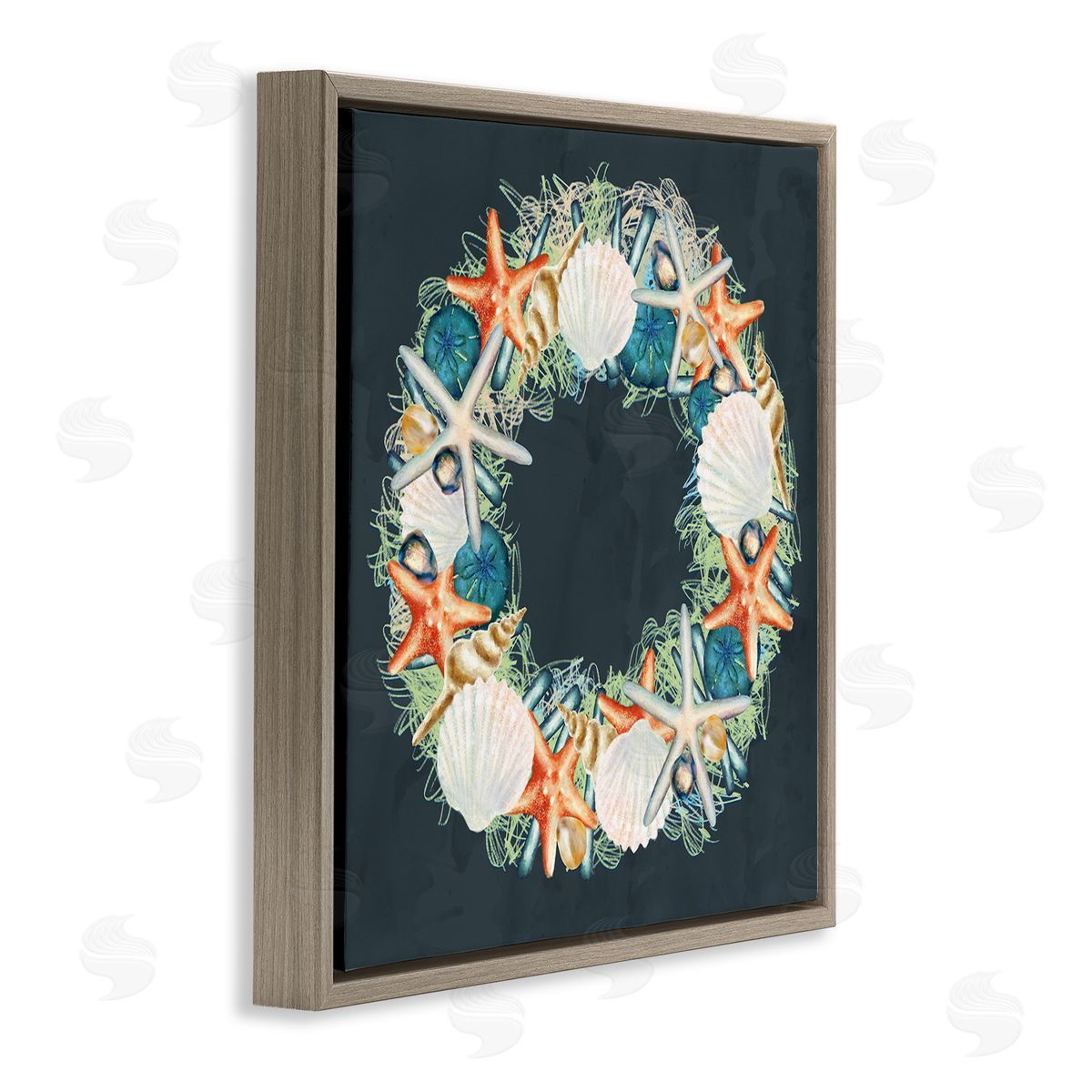 Starfish and Nautical Seashell Wreath Brown Floating Frame Canvas Wall Art, Home Decor by Ziwei Li