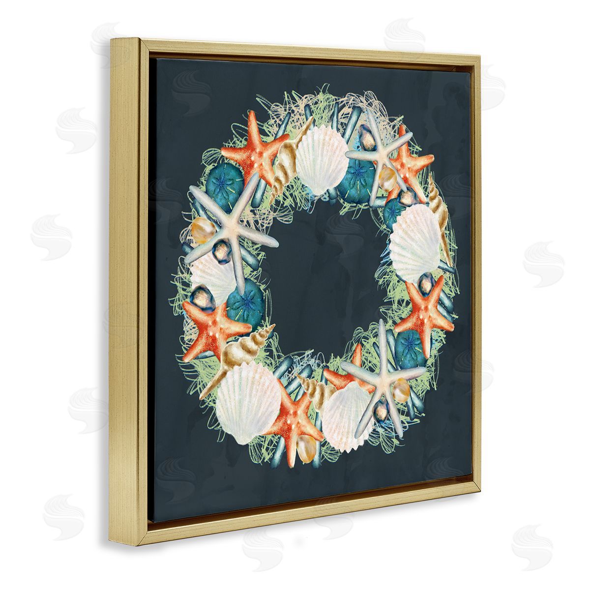 Starfish and Nautical Seashell Wreath Gold Floating Frame Canvas Wall Art, Home Decor by Ziwei Li