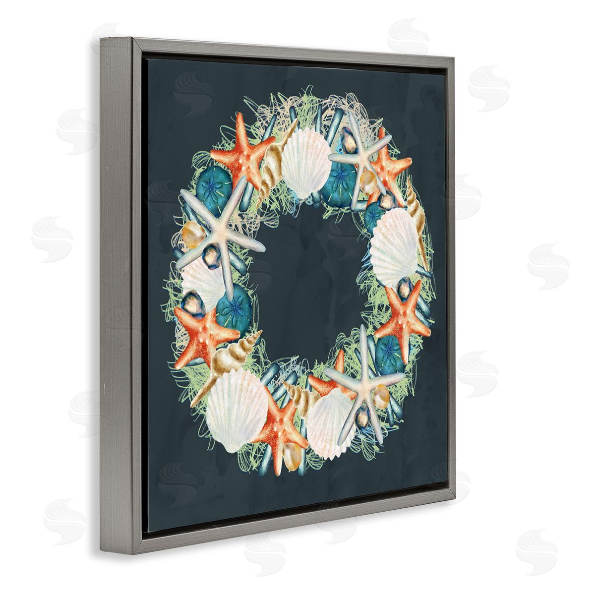 Starfish and Nautical Seashell Wreath Grey Floating Frame Canvas Wall Art, Home Decor by Ziwei Li