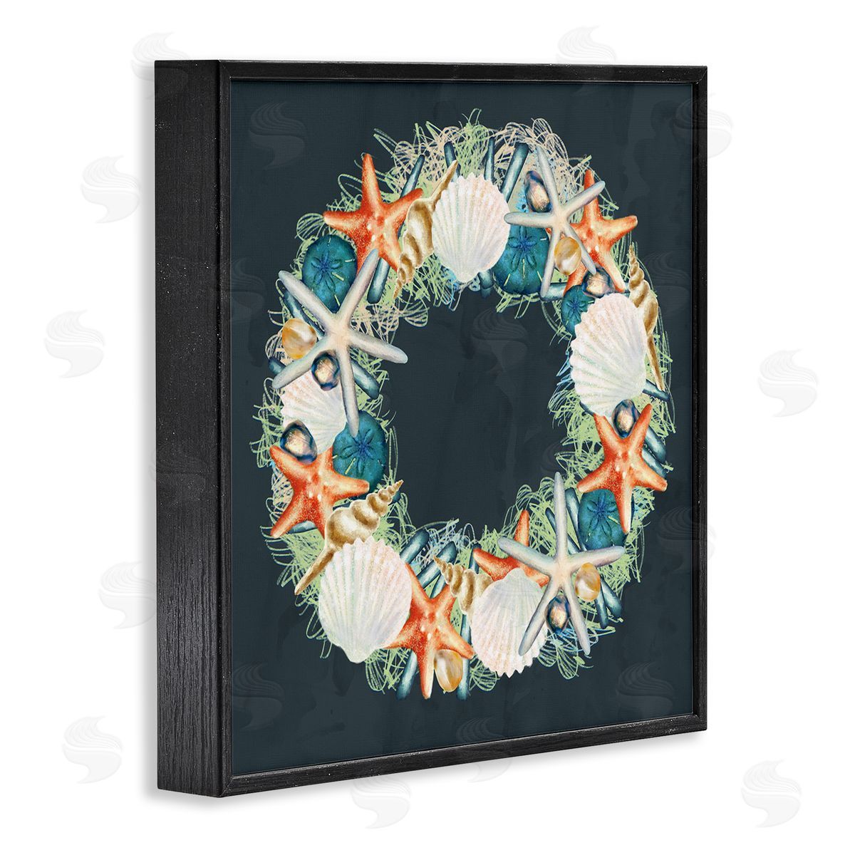 Starfish and Nautical Seashell Wreath Black Frame Print Wall Art, Home Decor by Ziwei Li