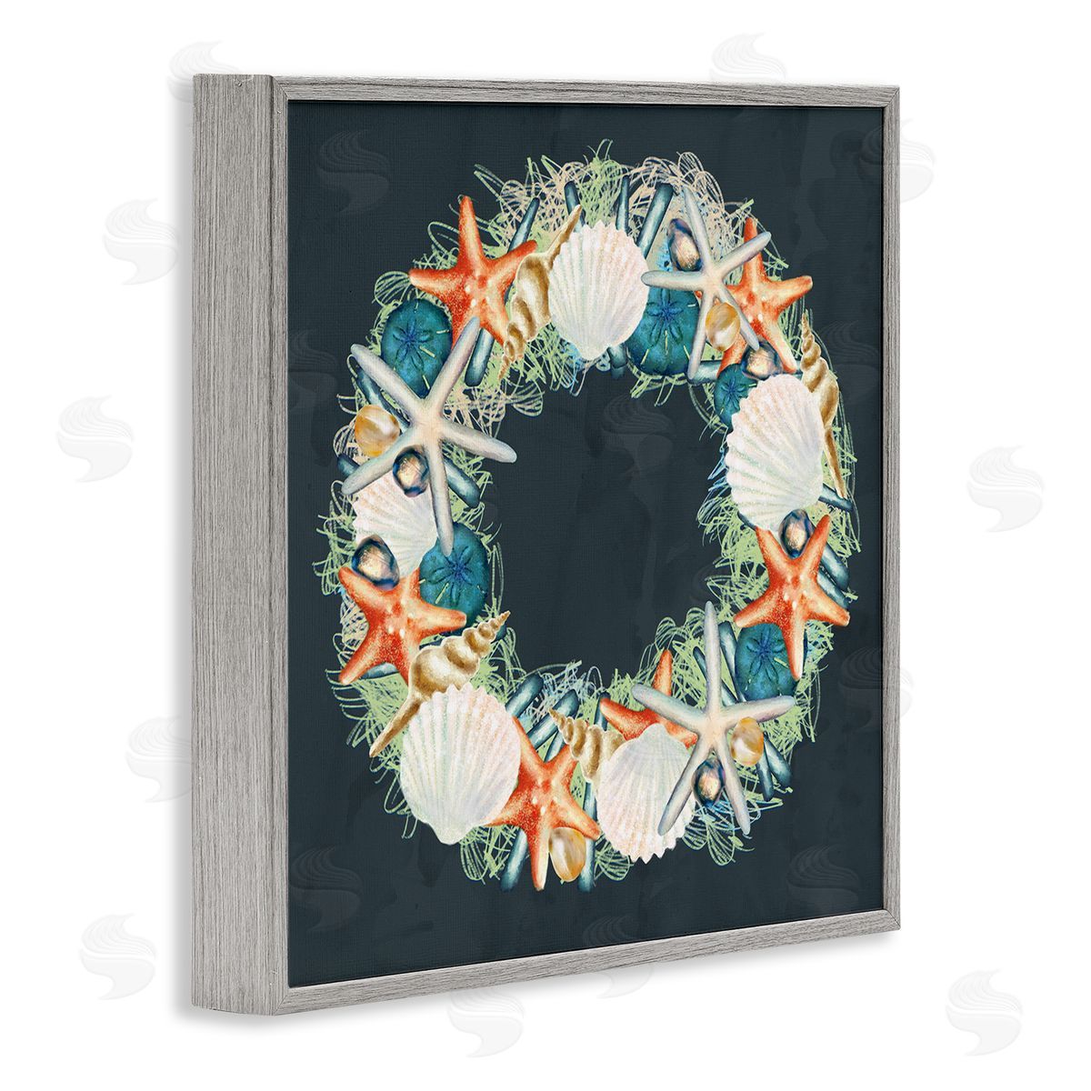 Starfish and Nautical Seashell Wreath Grey Frame Print Wall Art, Home Decor by Ziwei Li