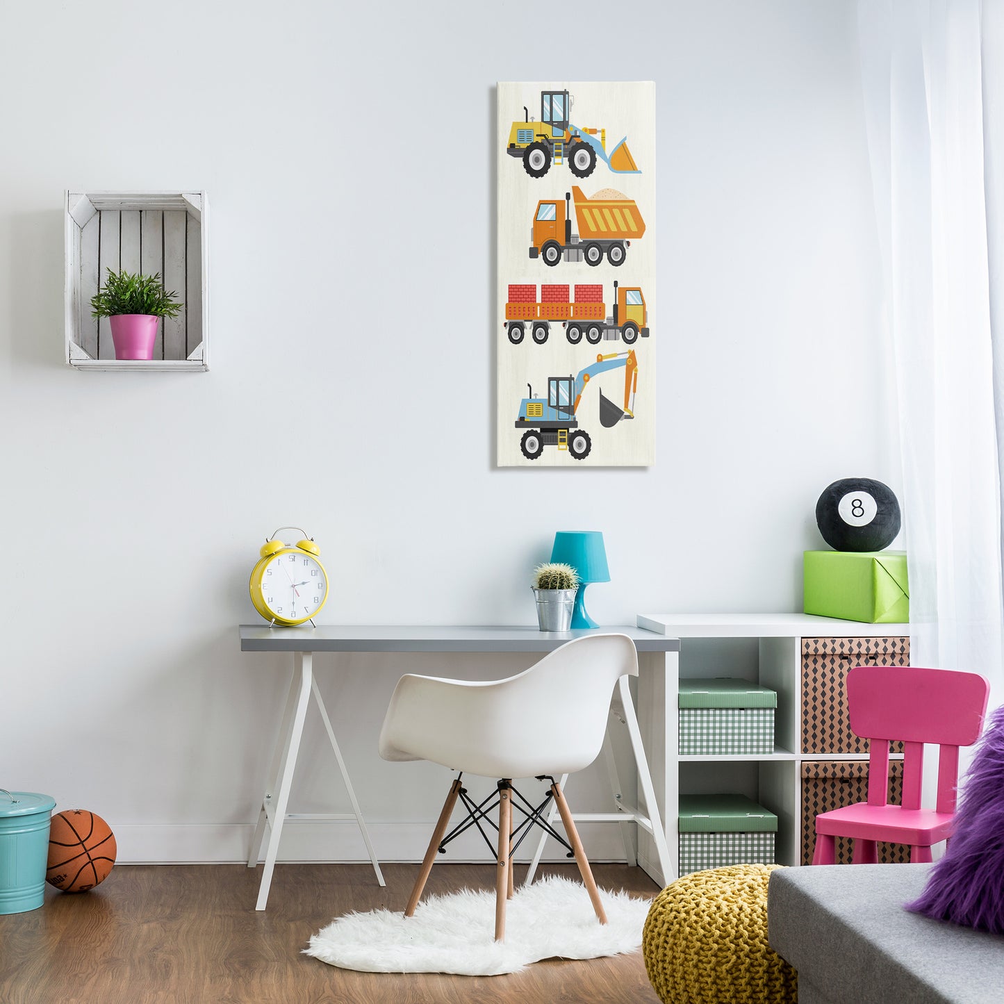 Playful Construction Vehicles Canvas Wall Art in Room, Home Decor by Kim Allen