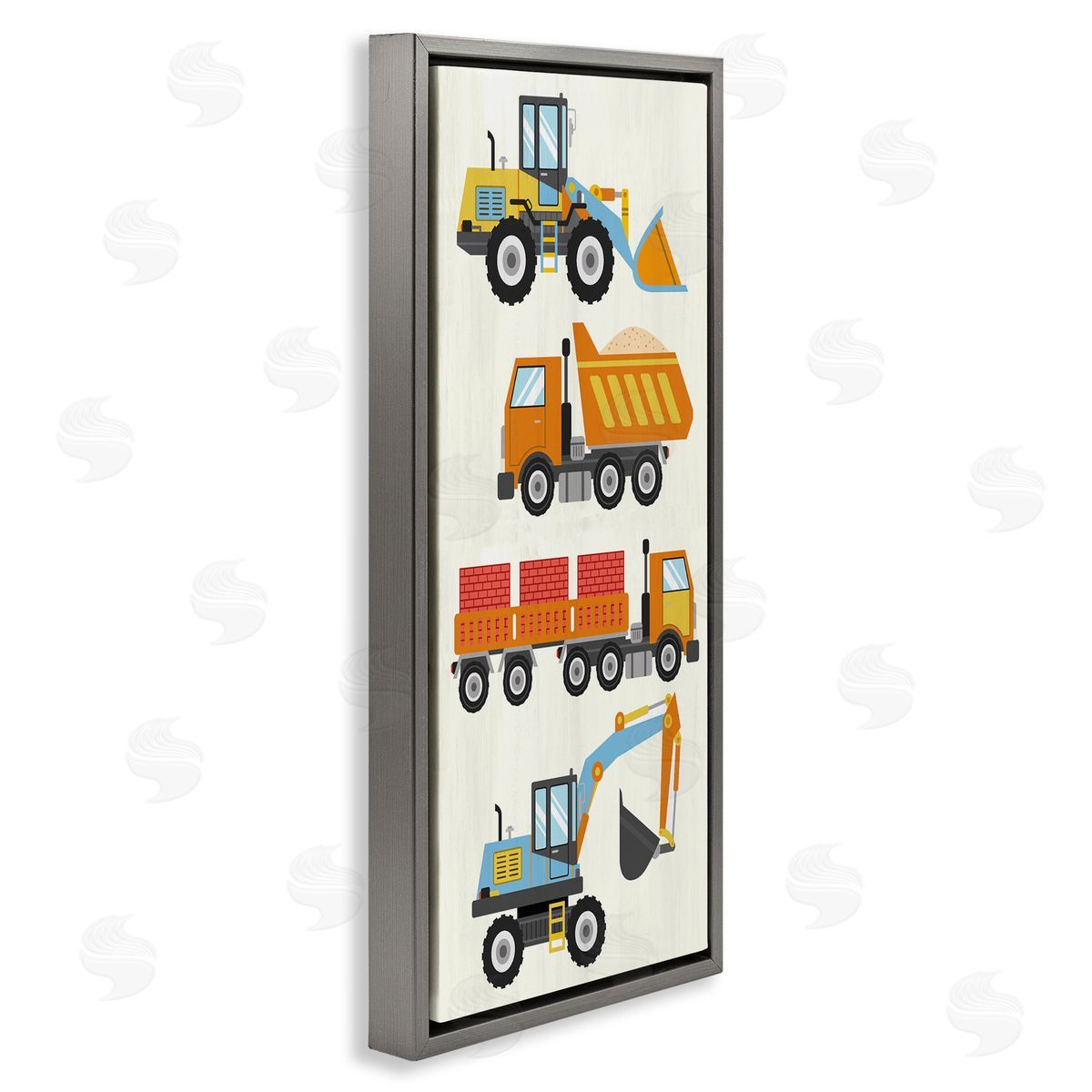 Playful Construction Vehicles Grey Floating Frame Canvas Wall Art, Home Decor by Kim Allen
