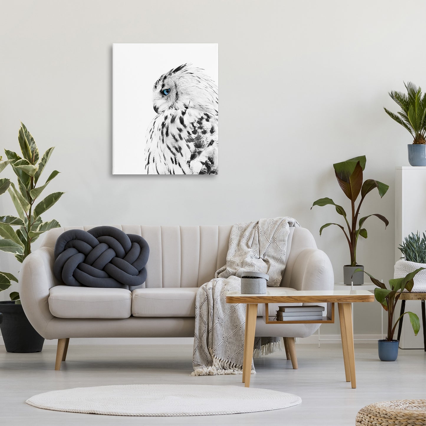 Snow Owl Peering Blue Eyes Canvas Wall Art in Room, Home Decor by Design Fabrikken