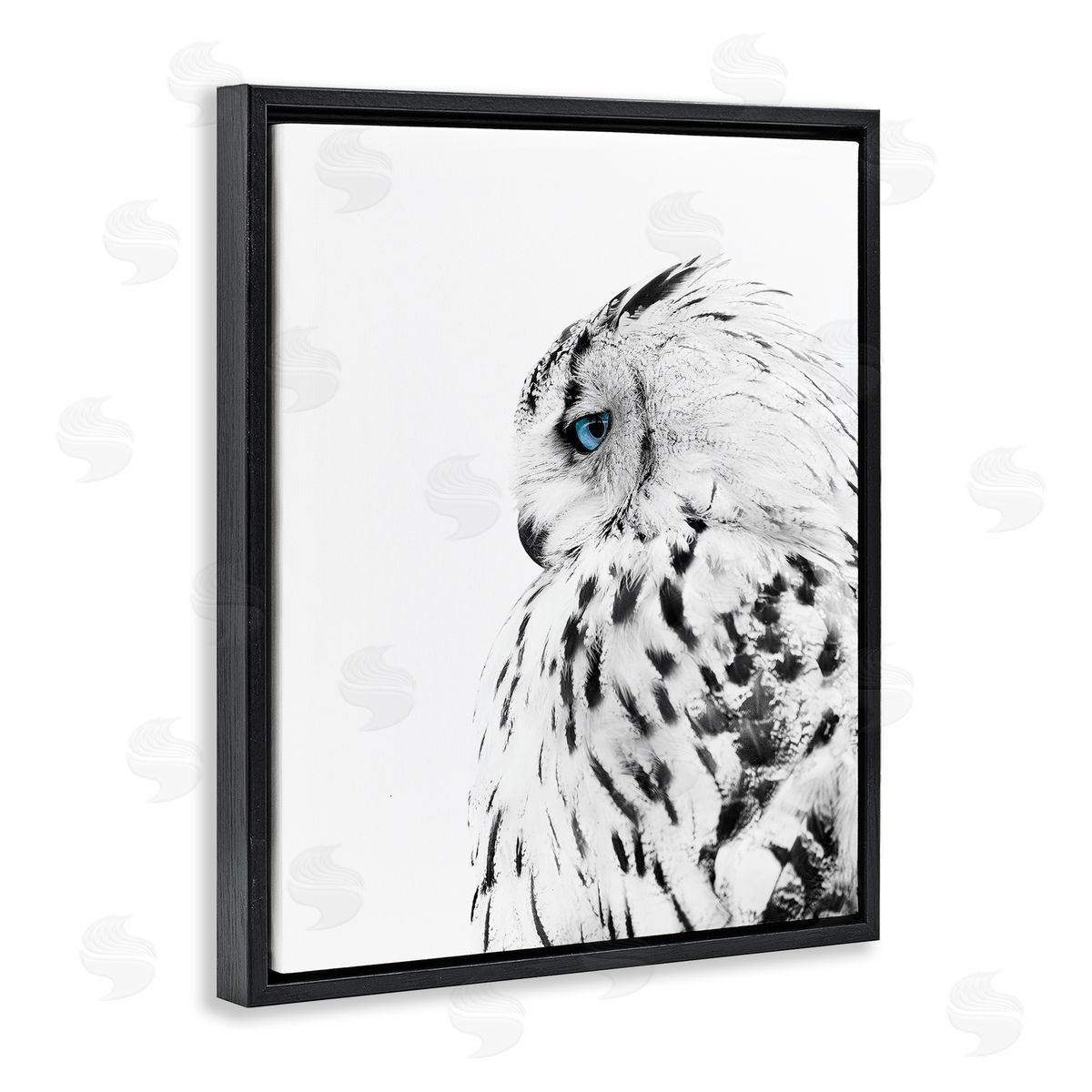 Snow Owl Peering Blue Eyes Black Floating Frame Canvas Wall Art, Home Decor by Design Fabrikken