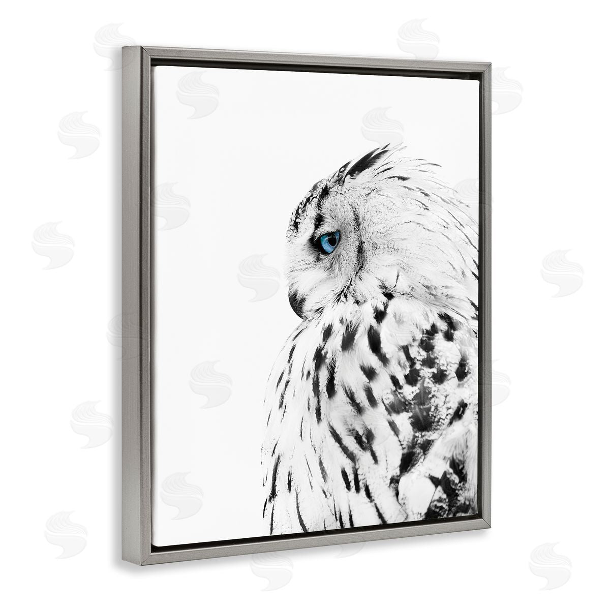 Snow Owl Peering Blue Eyes Grey Floating Frame Canvas Wall Art, Home Decor by Design Fabrikken