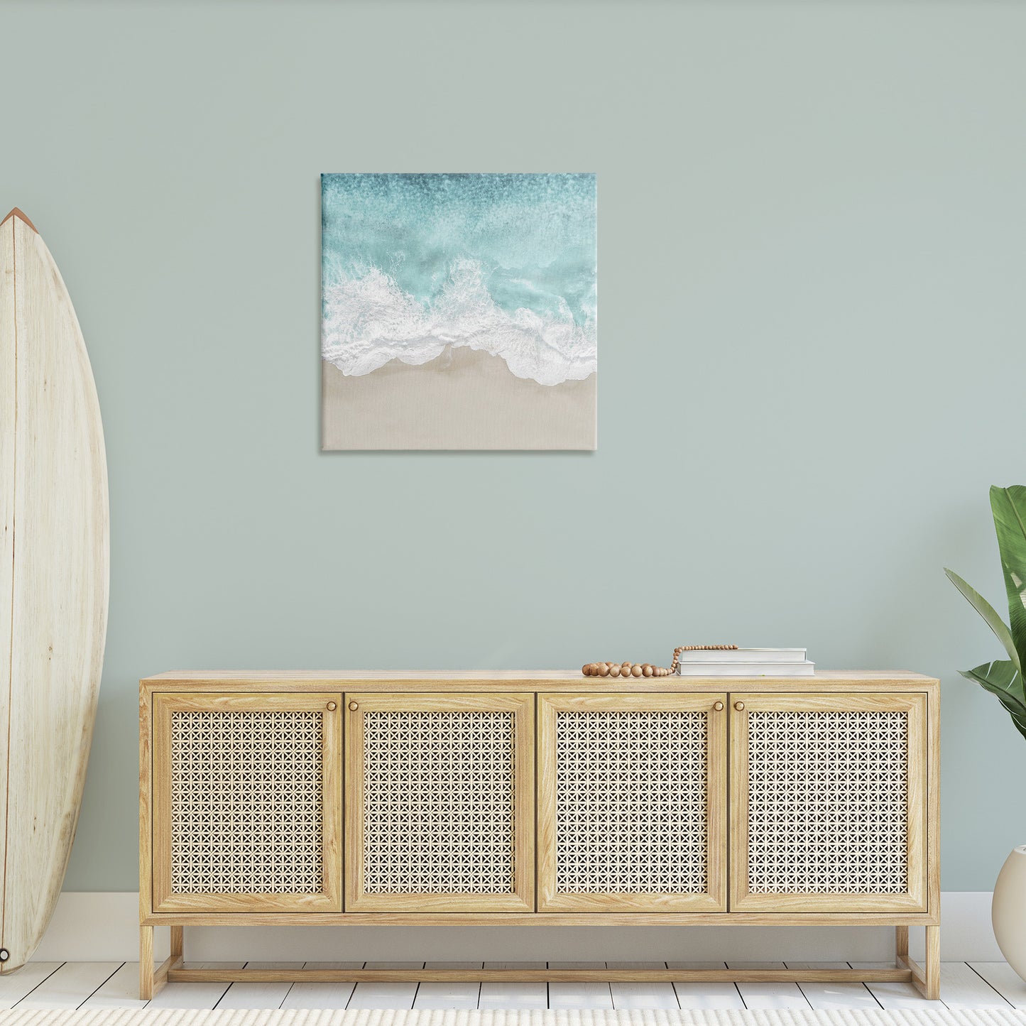 Sea Foam on Sandy Beach Canvas Wall Art in Room, Home Decor by Maggie Olsen