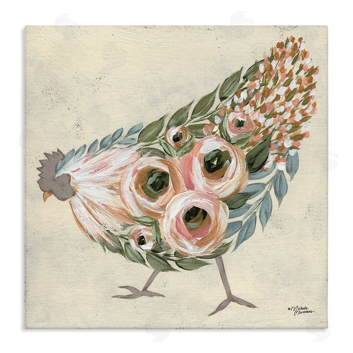Vintage Chicken with Floral Body Canvas Wall Art, Home Decor by Michele Norman