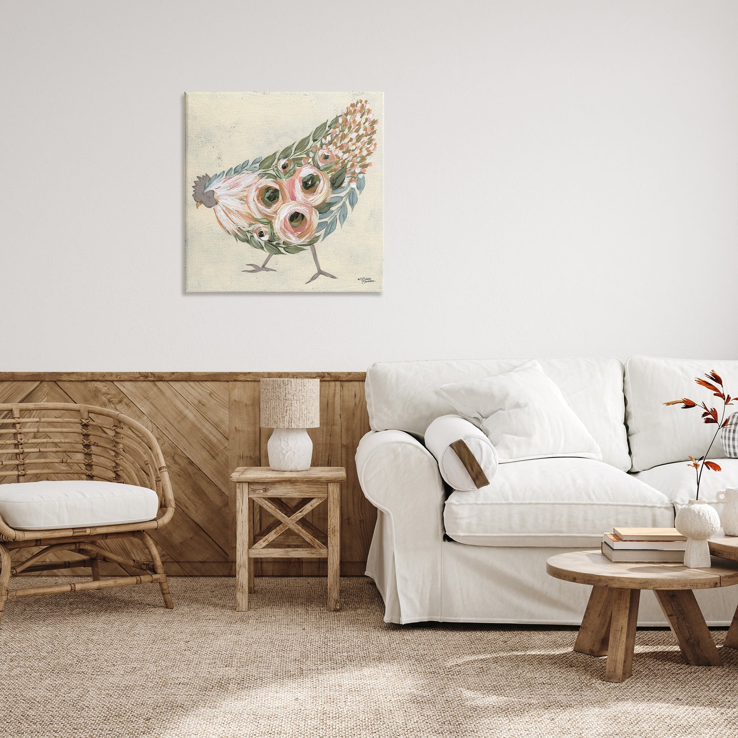 Vintage Chicken with Floral Body Canvas Wall Art in Room, Home Decor by Michele Norman