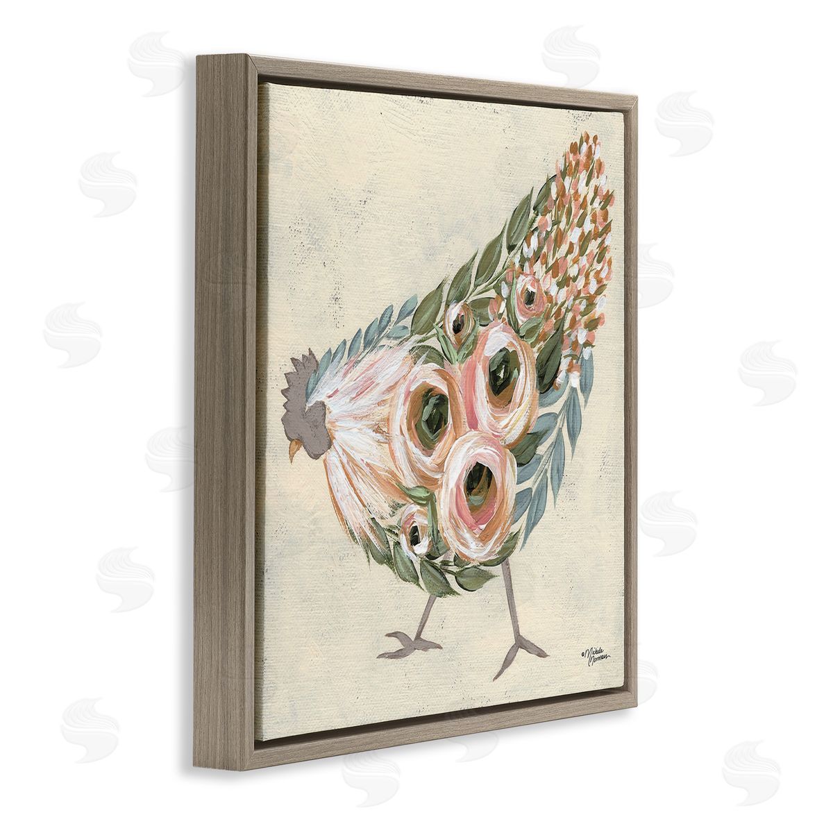 Vintage Chicken with Floral Body Brown Floating Frame Canvas Wall Art, Home Decor by Michele Norman