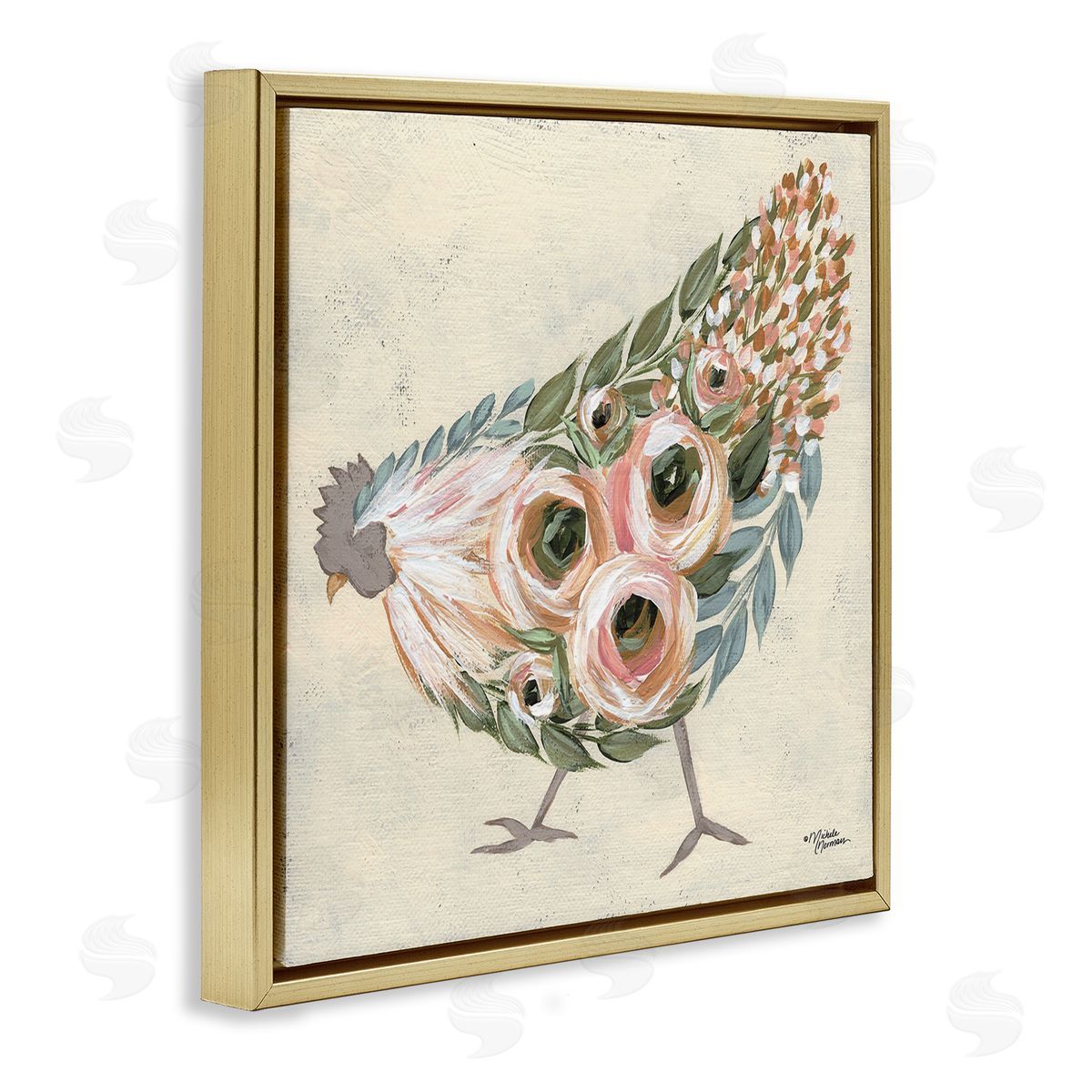 Vintage Chicken with Floral Body Gold Floating Frame Canvas Wall Art, Home Decor by Michele Norman