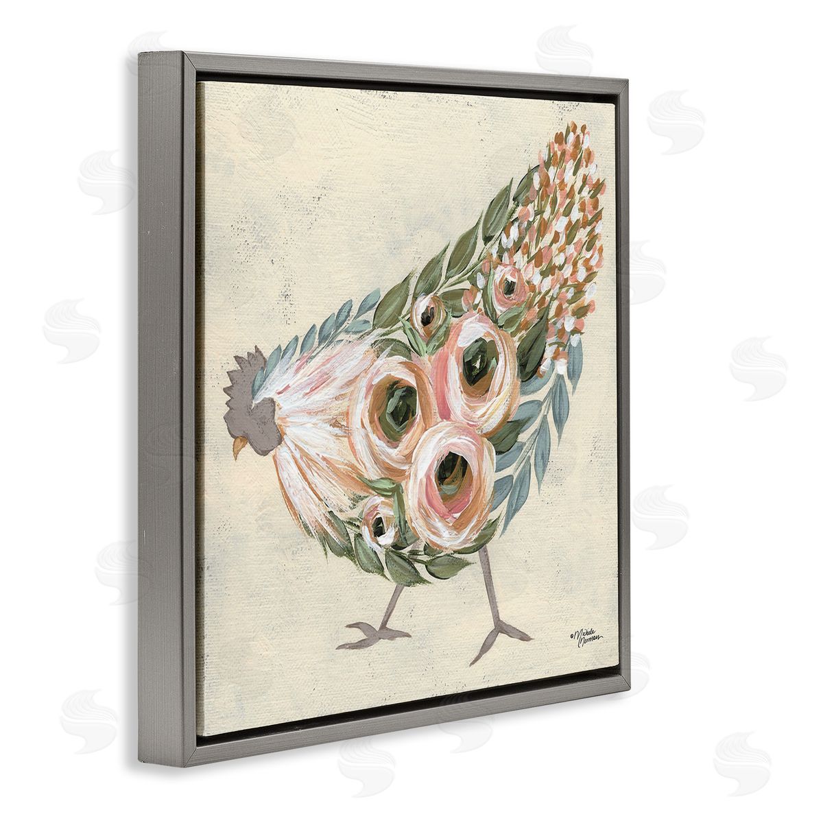 Vintage Chicken with Floral Body Grey Floating Frame Canvas Wall Art, Home Decor by Michele Norman