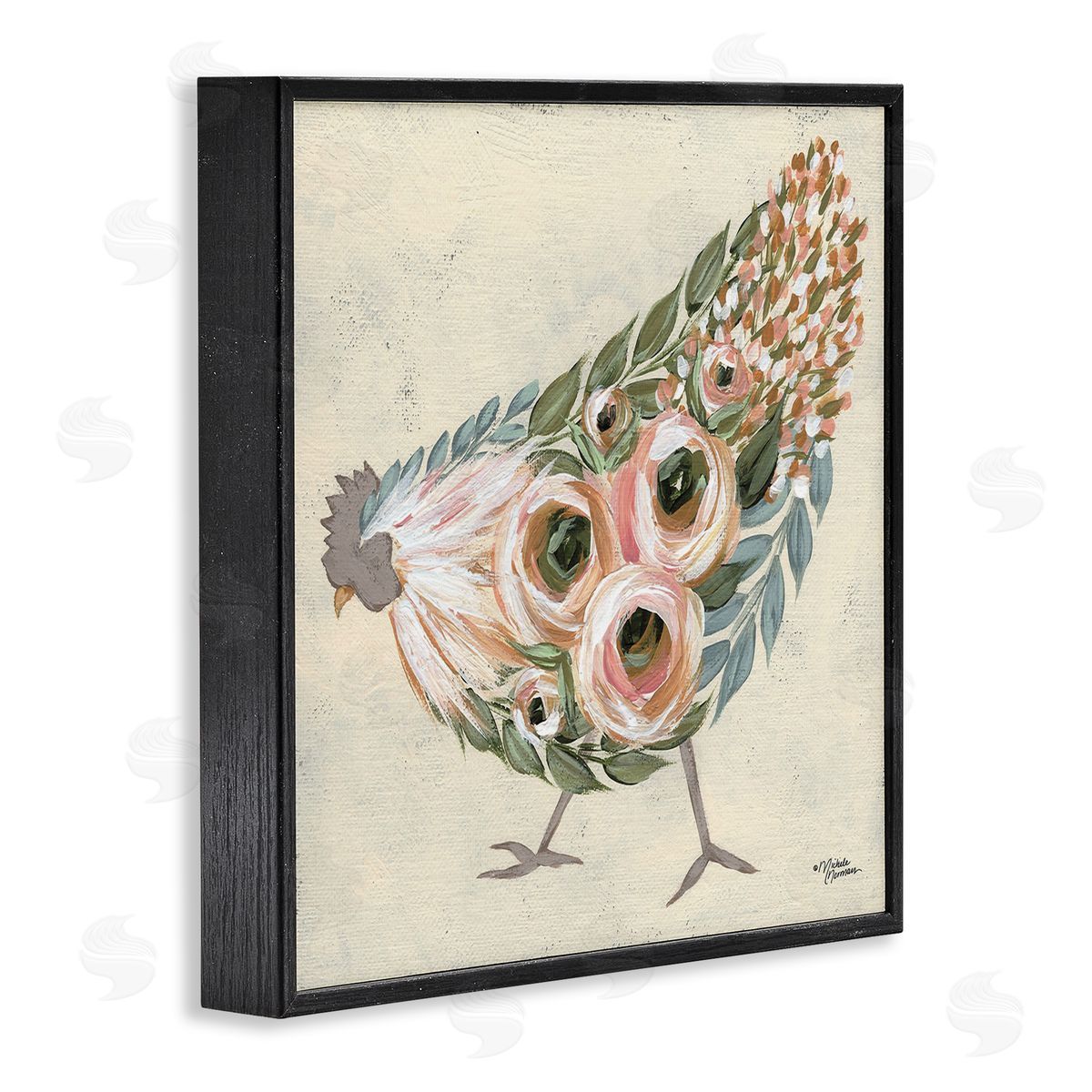 Vintage Chicken with Floral Body Black Frame Print Wall Art, Home Decor by Michele Norman