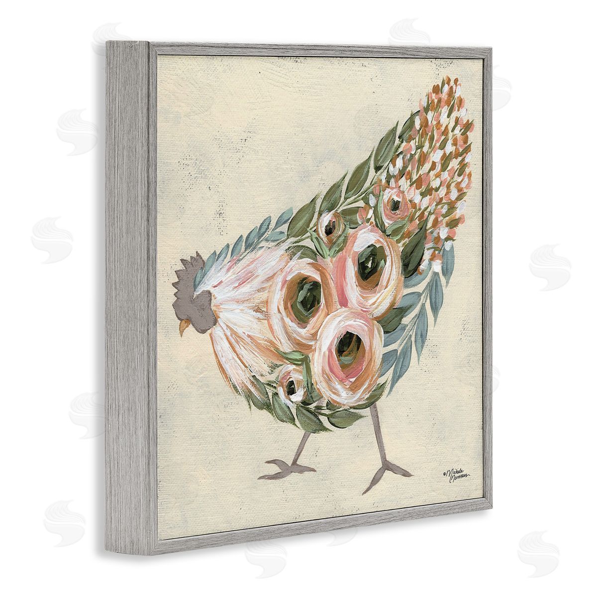 Vintage Chicken with Floral Body Grey Frame Print Wall Art, Home Decor by Michele Norman
