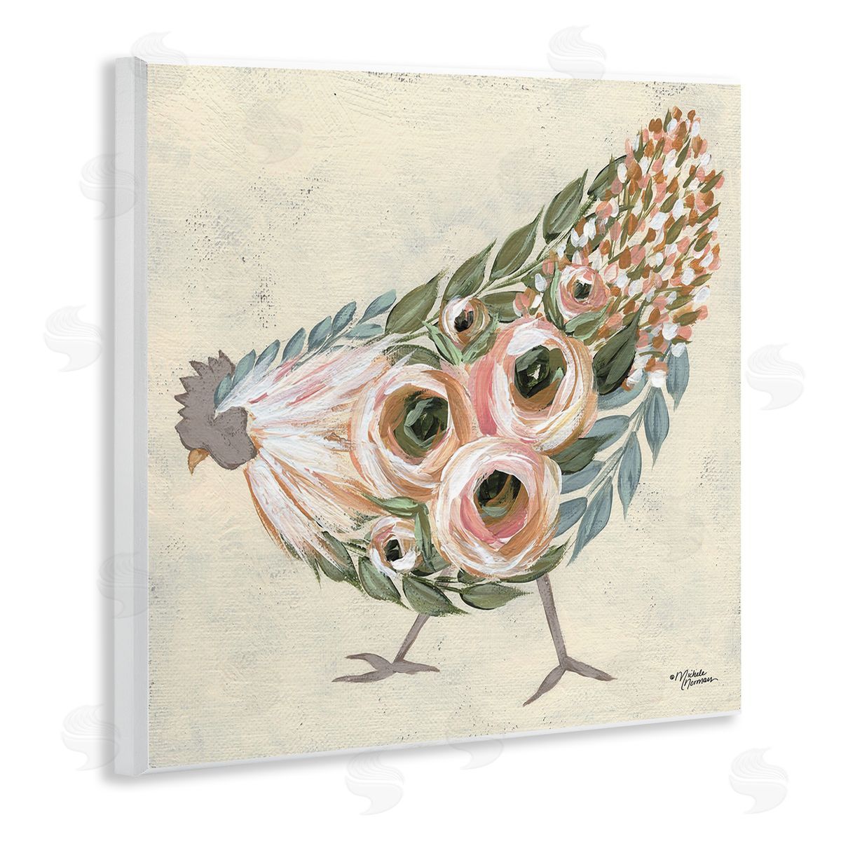Vintage Chicken with Floral Body Wood Plaque Wall Art, Home Decor by Michele Norman