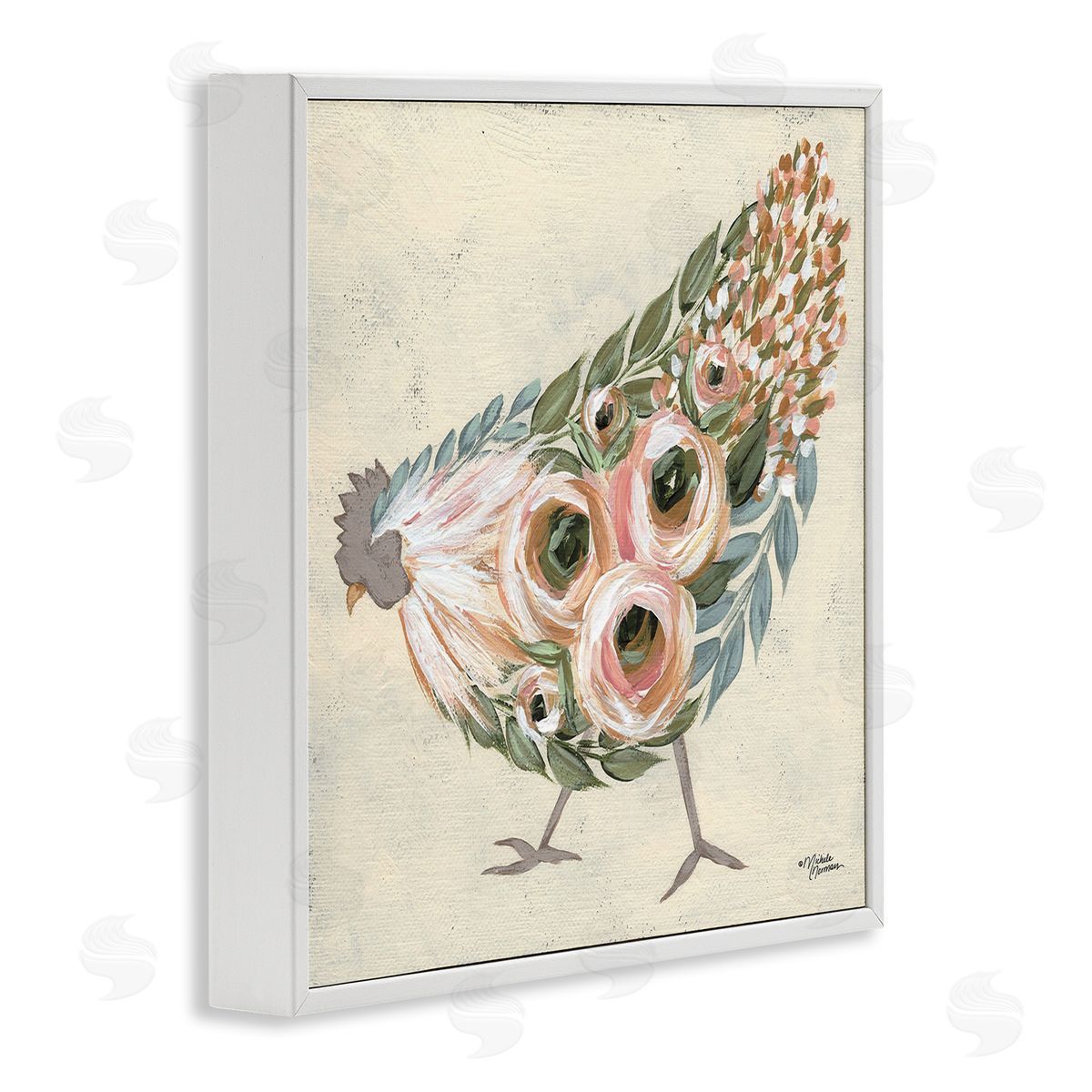 Vintage Chicken with Floral Body White Frame Print Wall Art, Home Decor by Michele Norman
