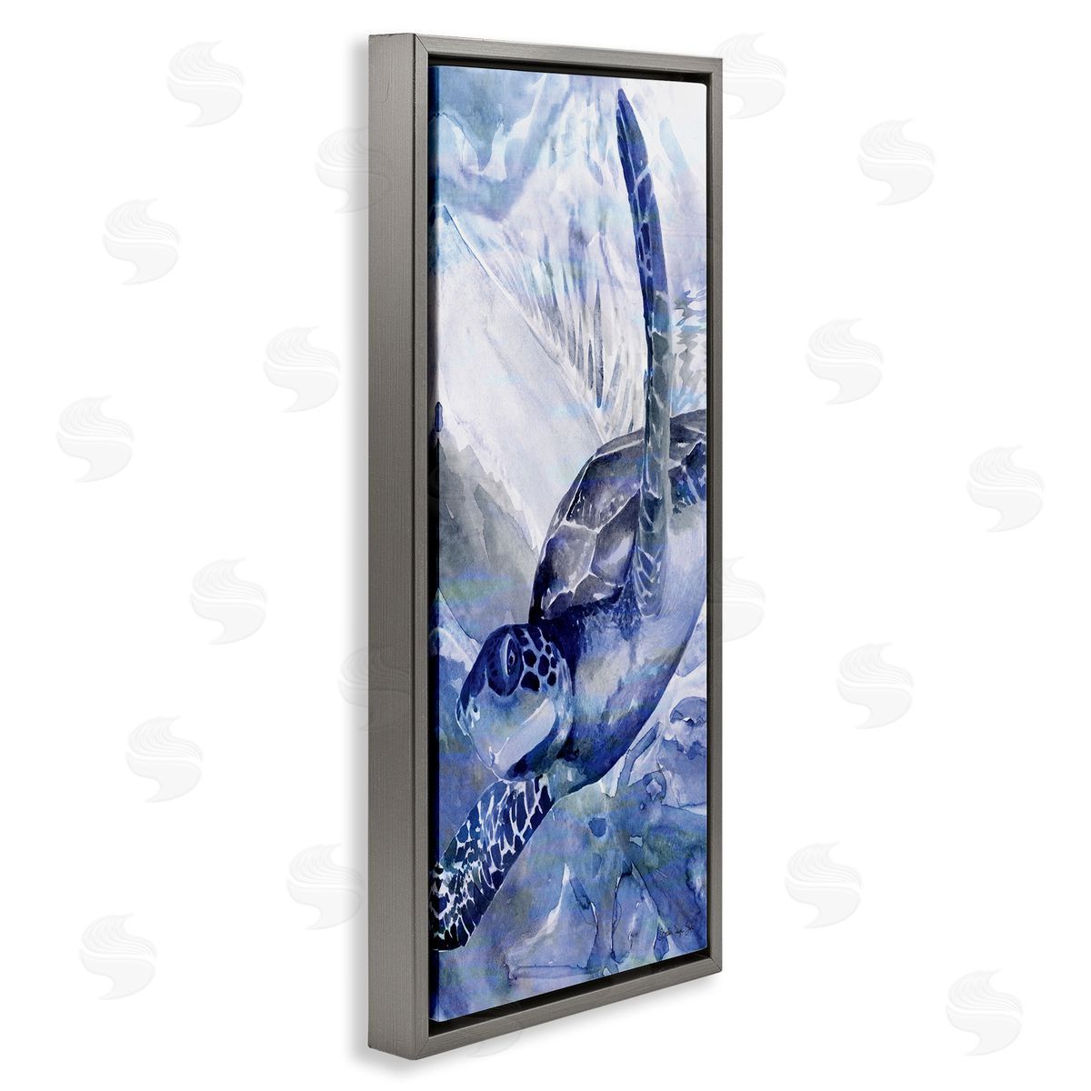 Sea Turtle Swimming In Ocean Grey Floating Frame Canvas Wall Art, Home Decor by Stellar Design Studio
