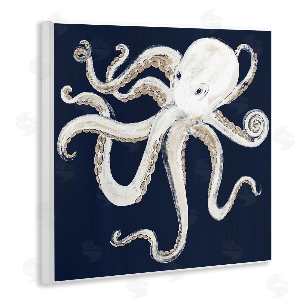 Gina Ritter Whimsical Nautical Octopus Illustration over Navy Blue Wooden Wall Plaque Art Print