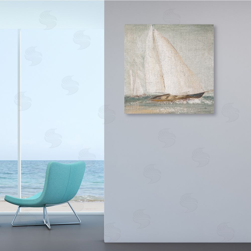 Patricia Pinto Soft Distressed Sailboat Traditional Nautical Landscape Canvas Wall Art in Room