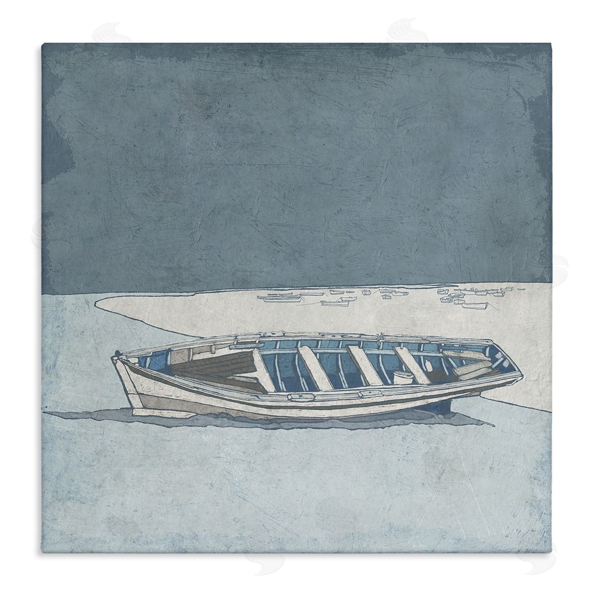 Ynon Mabat Blue Monochrome Rowboat Beach Coast Landscape Stretched Canvas Wall Art Print