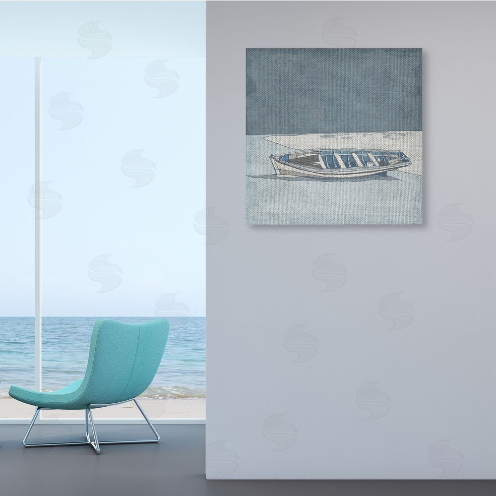 Ynon Mabat Blue Monochrome Rowboat Beach Coast Landscape Canvas Wall Art in Room