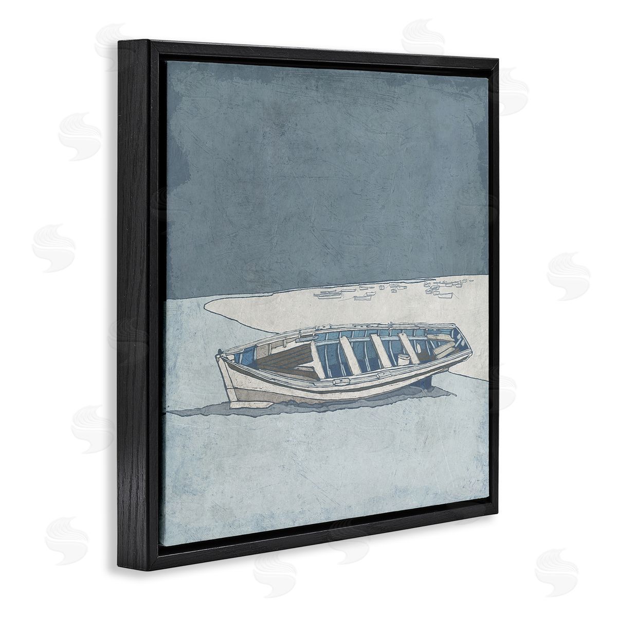 Ynon Mabat Blue Monochrome Rowboat Beach Coast Landscape Black Floating Frame Canvas Wall Art Print