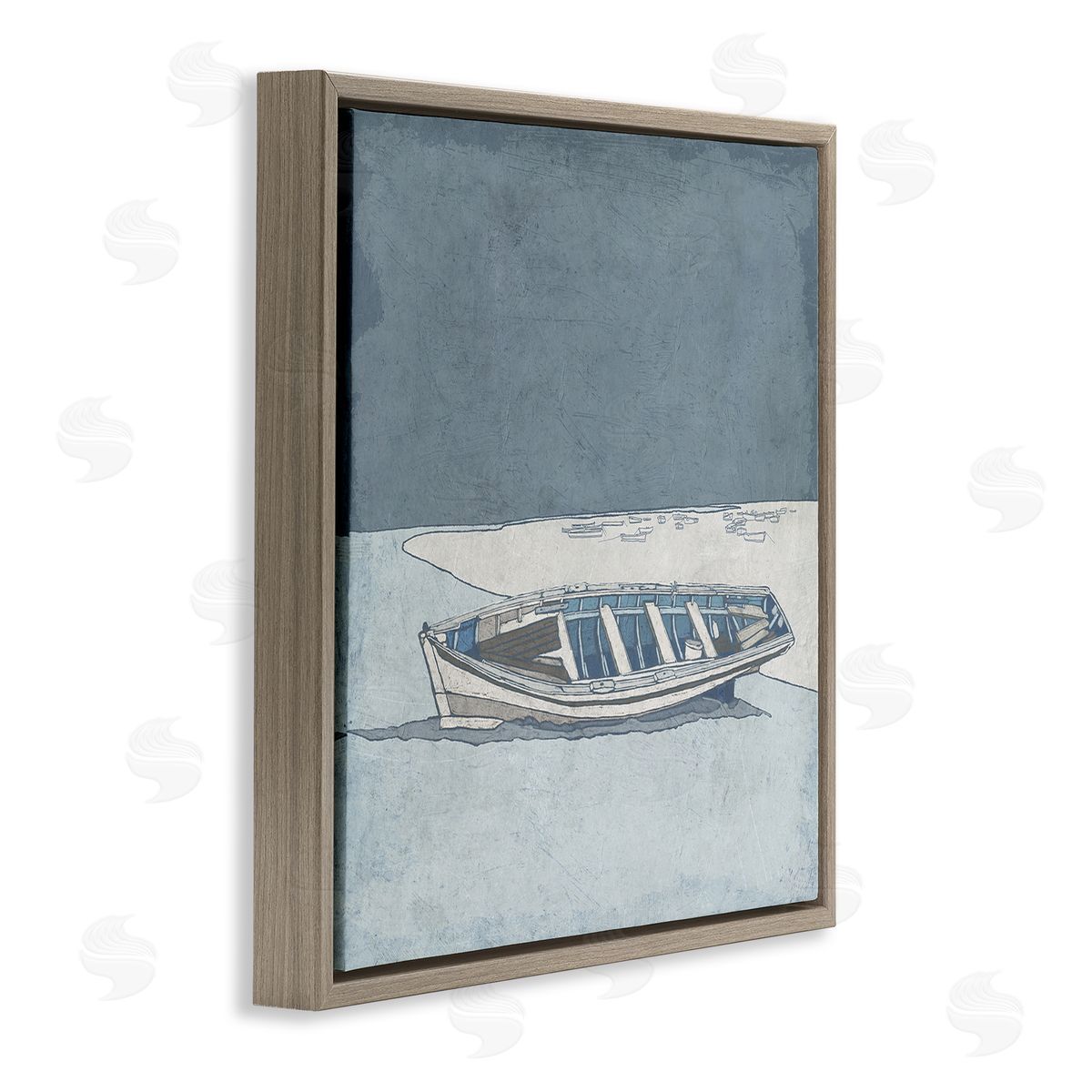 Ynon Mabat Blue Monochrome Rowboat Beach Coast Landscape Brown Floating Frame Canvas Wall Art Print
