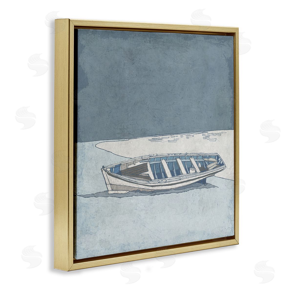 Ynon Mabat Blue Monochrome Rowboat Beach Coast Landscape Gold Floating Frame Canvas Wall Art Print