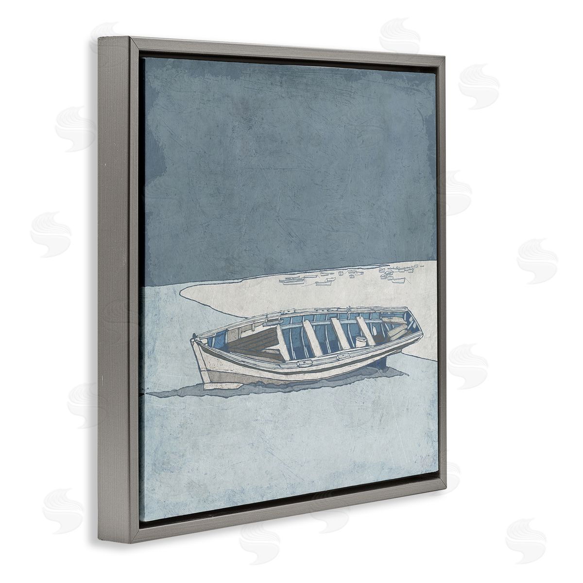 Ynon Mabat Blue Monochrome Rowboat Beach Coast Landscape Gray Floating Frame Canvas Wall Art Print