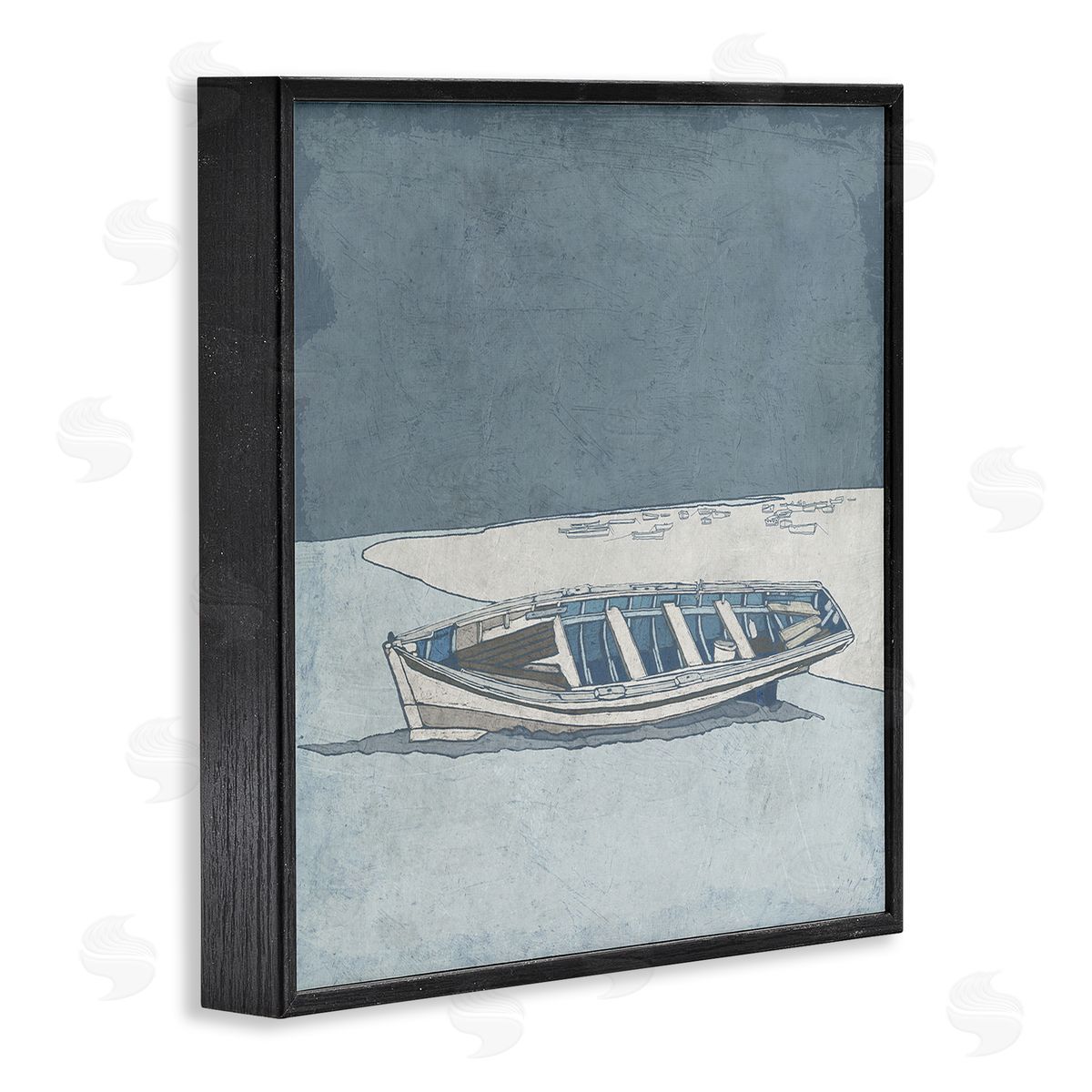 Ynon Mabat Blue Monochrome Rowboat Beach Coast Landscape Black Framed Glicee Wall Art Print