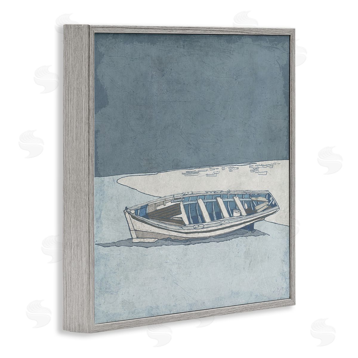 Ynon Mabat Blue Monochrome Rowboat Beach Coast Landscape Gray Framed Glicee Wall Art Print