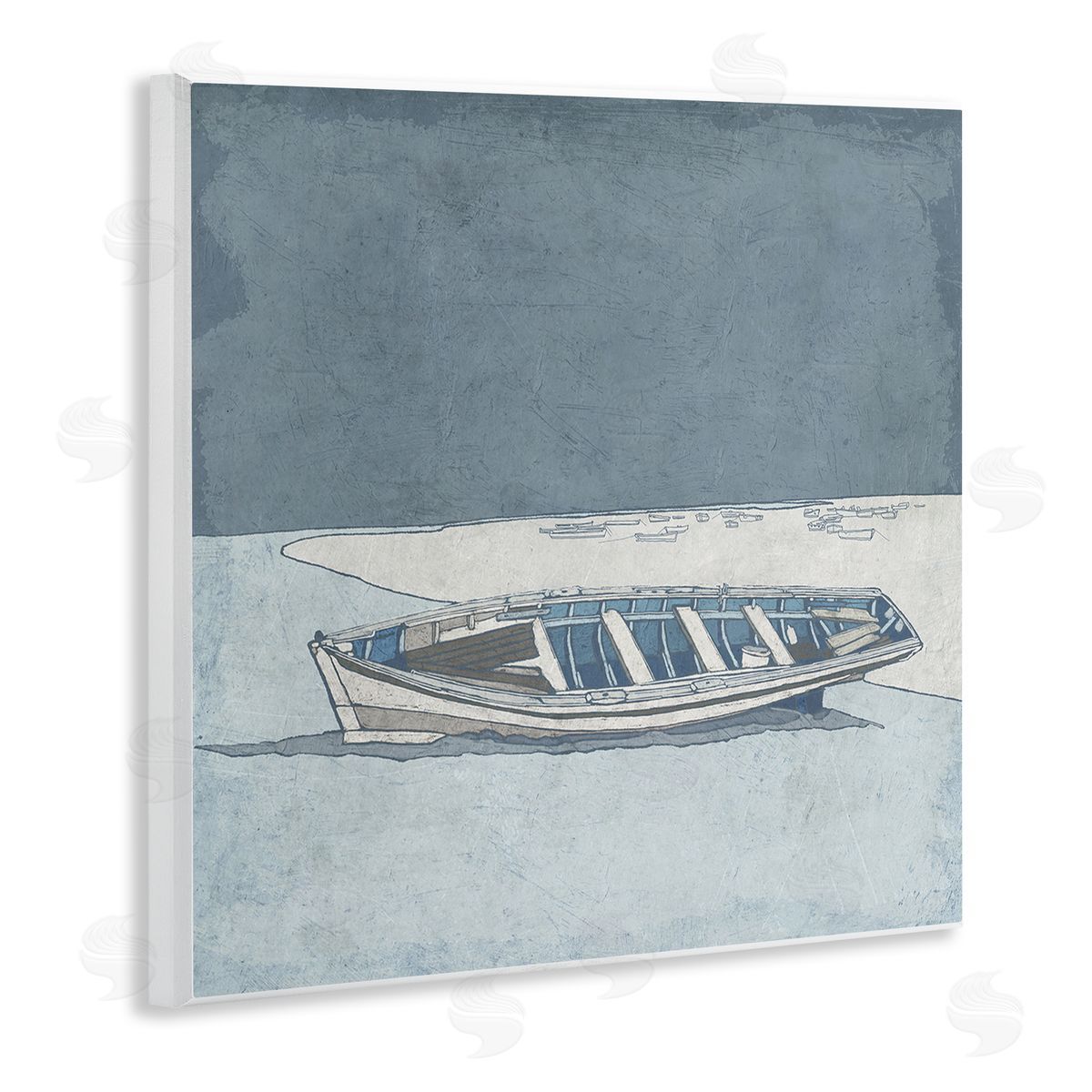 Ynon Mabat Blue Monochrome Rowboat Beach Coast Landscape Wooden Wall Plaque Art Print