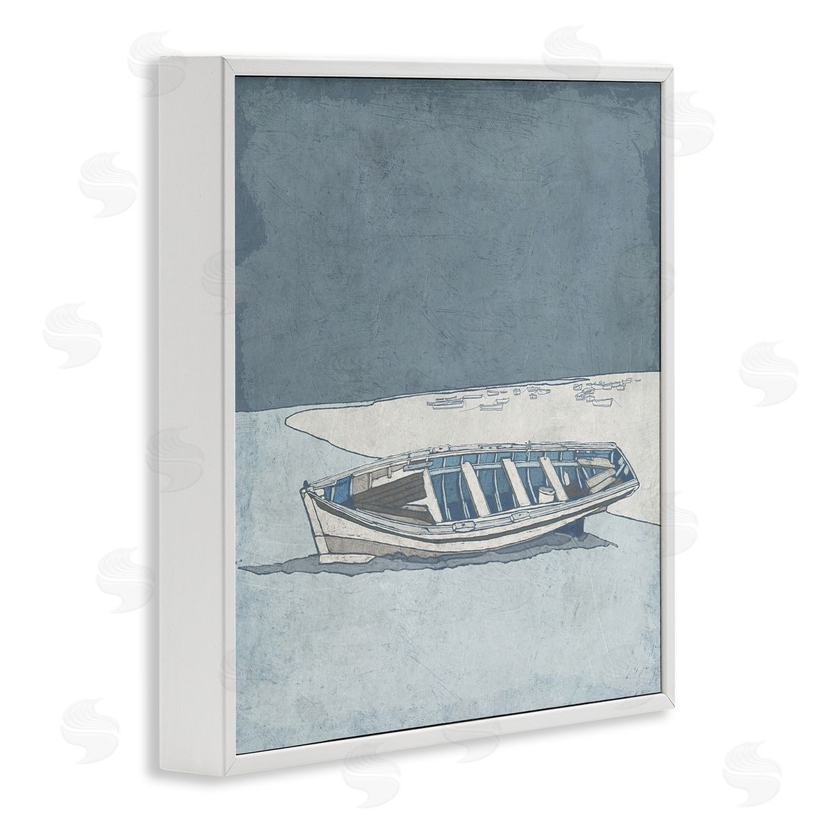 Ynon Mabat Blue Monochrome Rowboat Beach Coast Landscape White Framed Glicee Wall Art Print