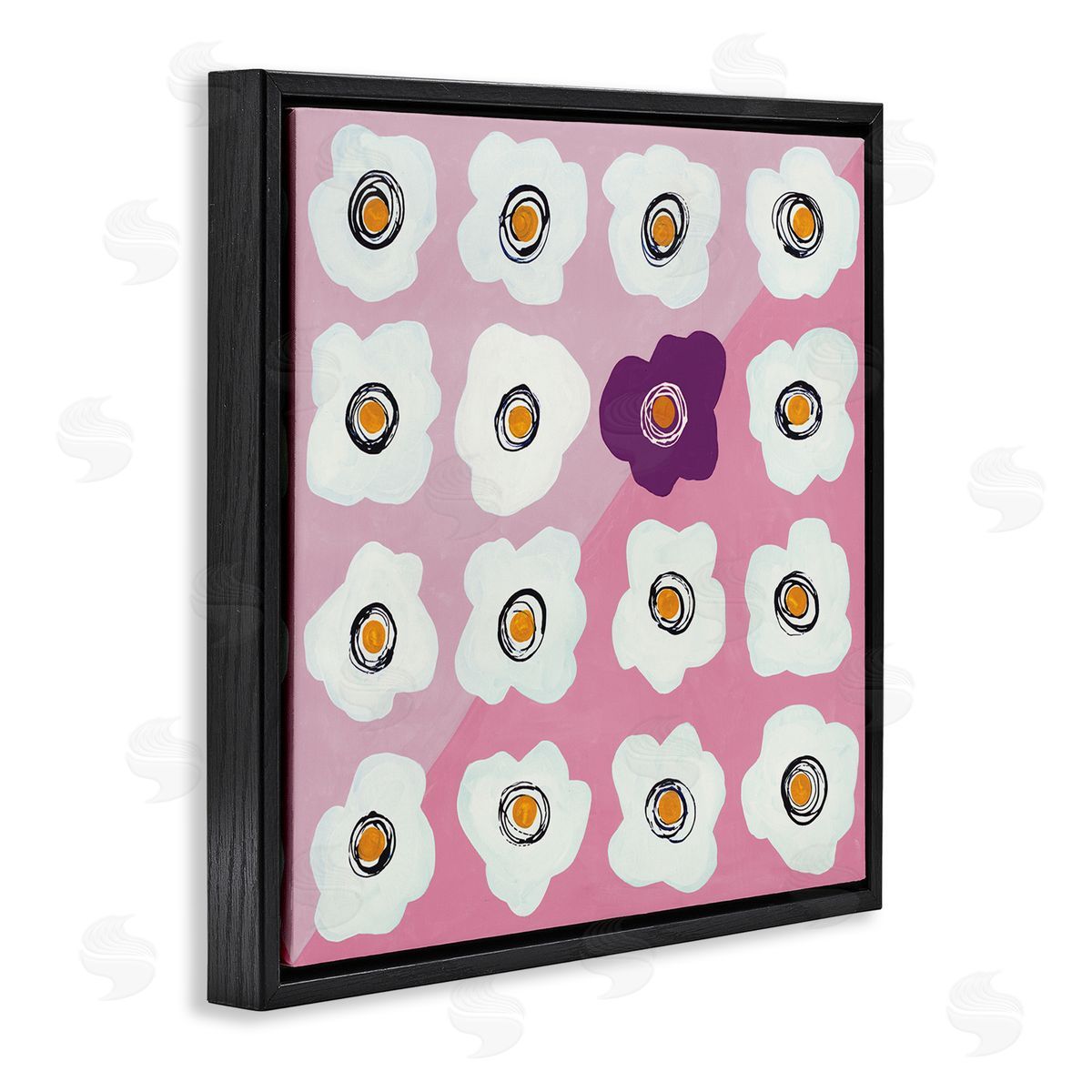 Ruth Fromstein White Flower Collage Purple Pop over Triangles Black Floating Frame Canvas Wall Art Print