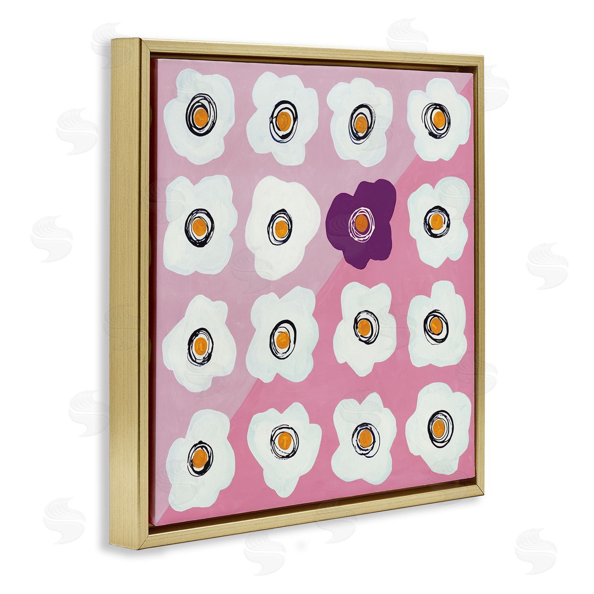 Ruth Fromstein White Flower Collage Purple Pop over Triangles Gold Floating Frame Canvas Wall Art Print