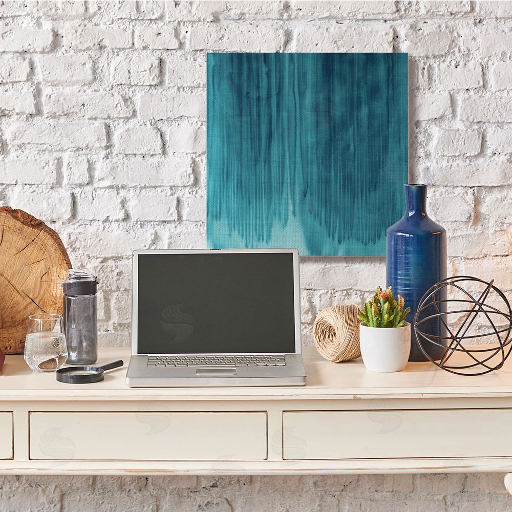 Jeff Iorillo Tranquil Cool Blue Paint Drip Dark Abstraction Canvas Wall Art in Room