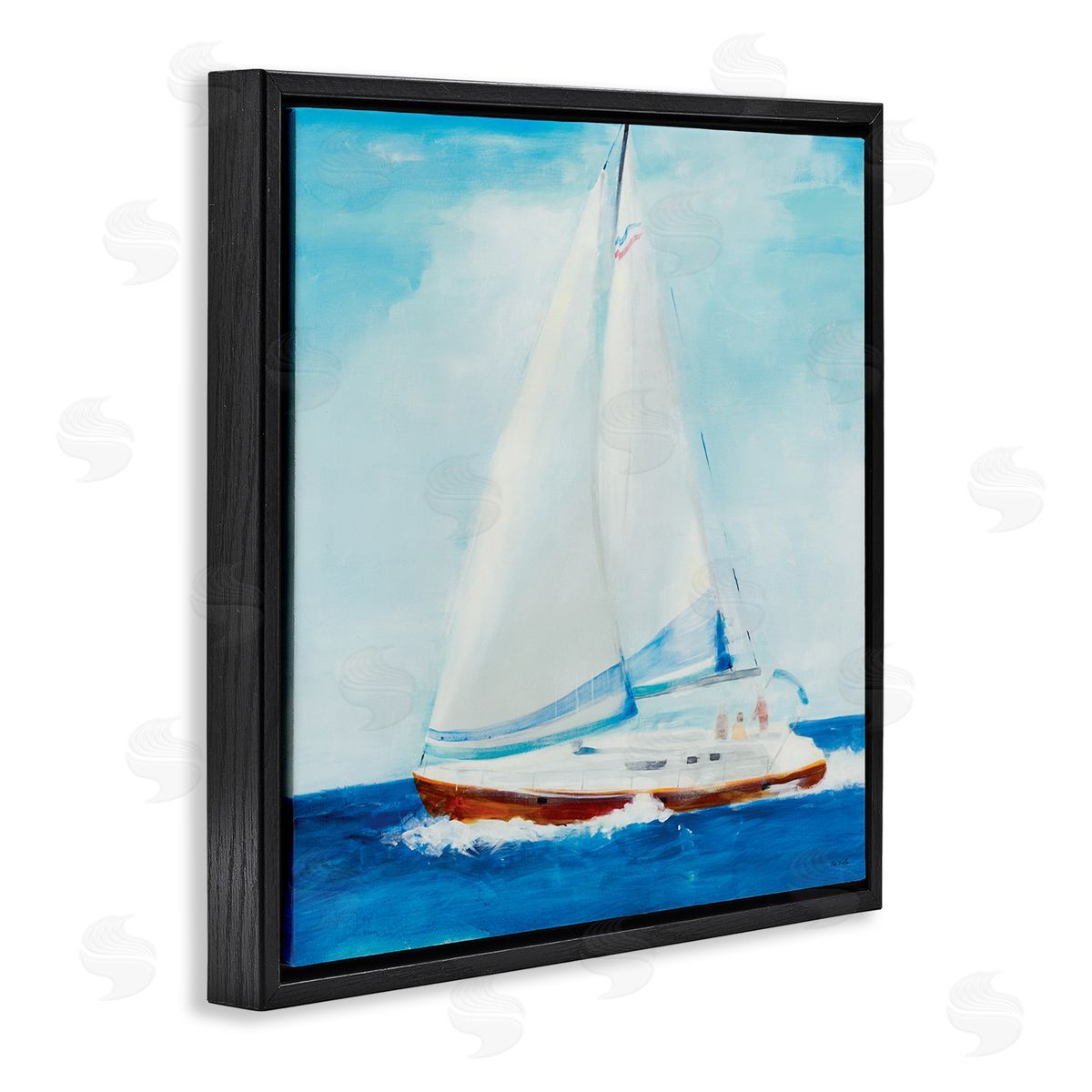 Jill Martin Traditional Summer Sailboat Soft Figures Blue Waves Black Floating Frame Canvas Wall Art Print