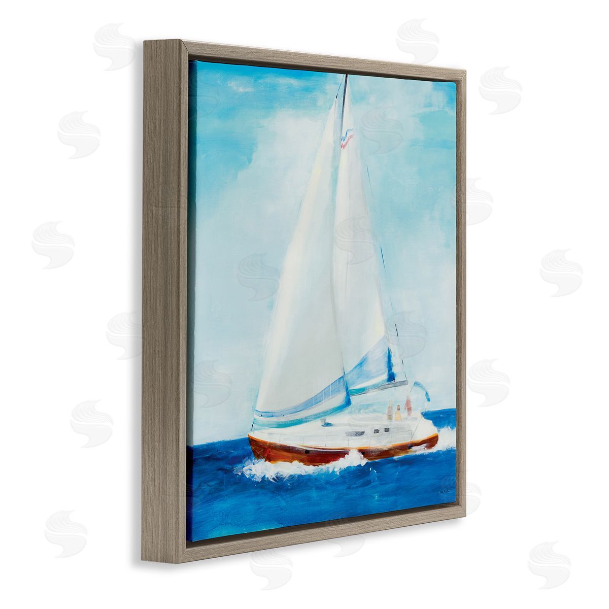 Jill Martin Traditional Summer Sailboat Soft Figures Blue Waves Brown Floating Frame Canvas Wall Art Print