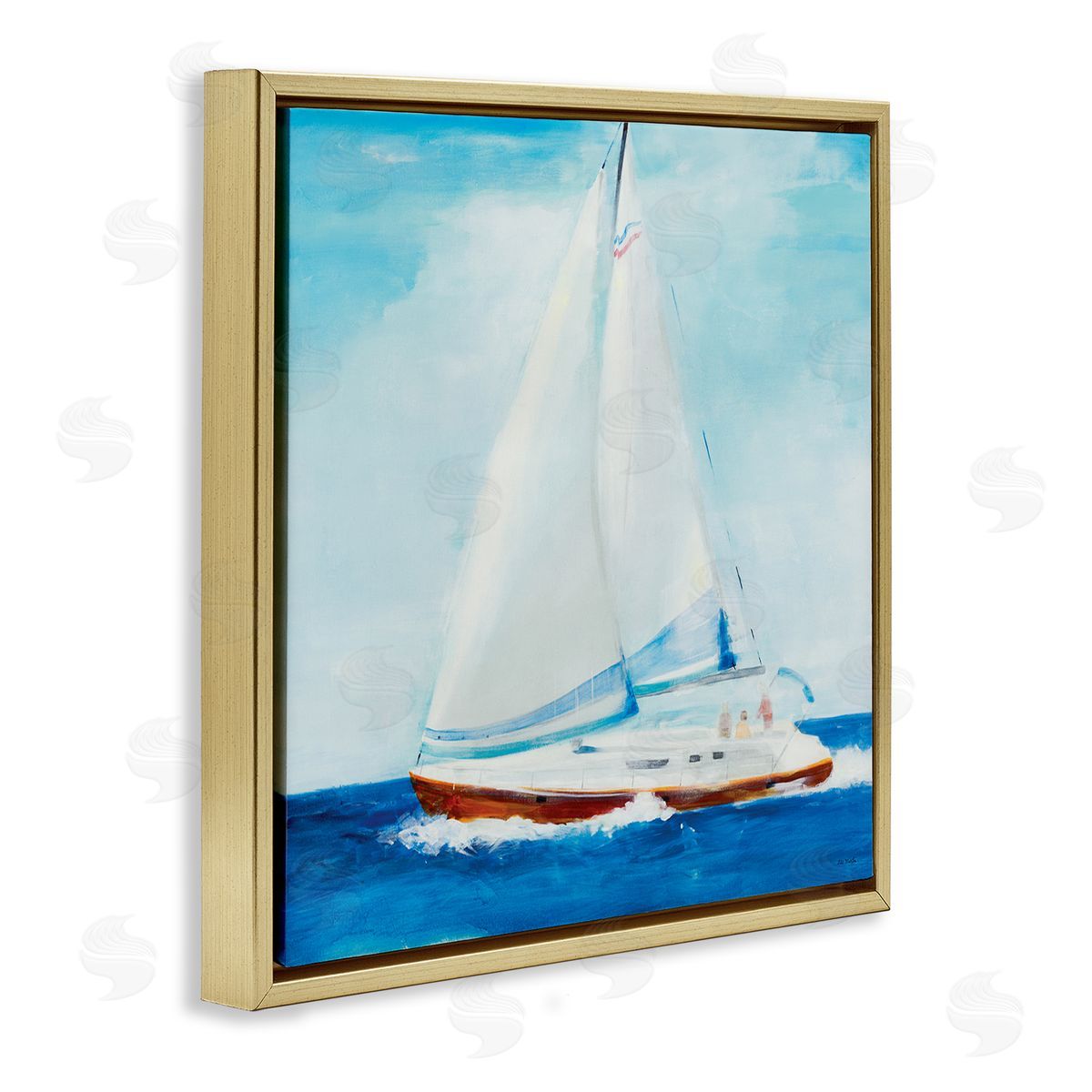 Jill Martin Traditional Summer Sailboat Soft Figures Blue Waves Gold Floating Frame Canvas Wall Art Print