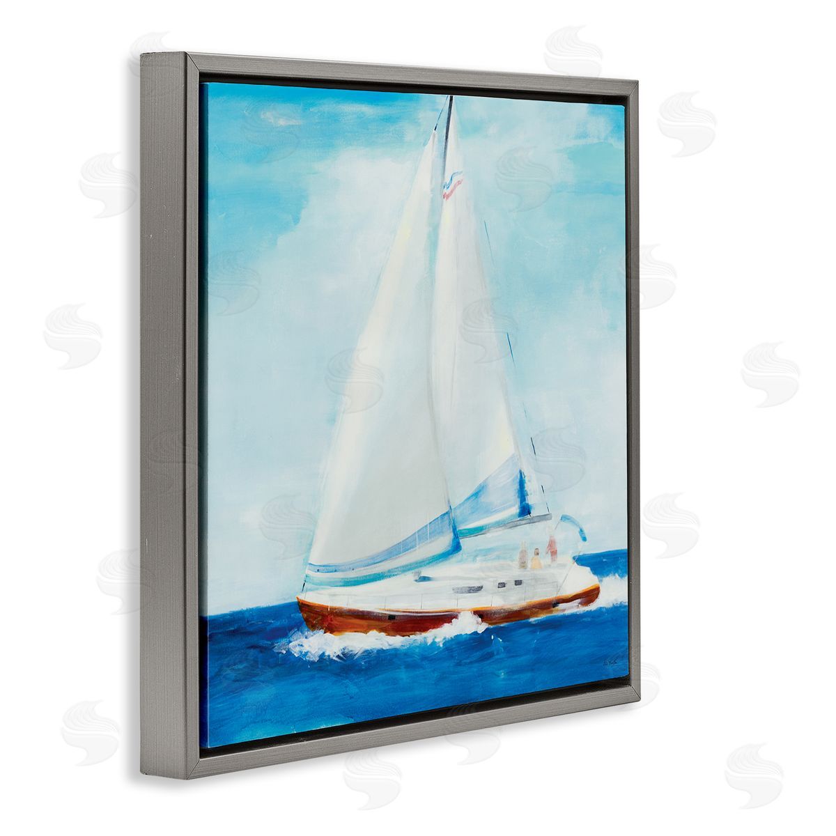 Jill Martin Traditional Summer Sailboat Soft Figures Blue Waves Gray Floating Frame Canvas Wall Art Print