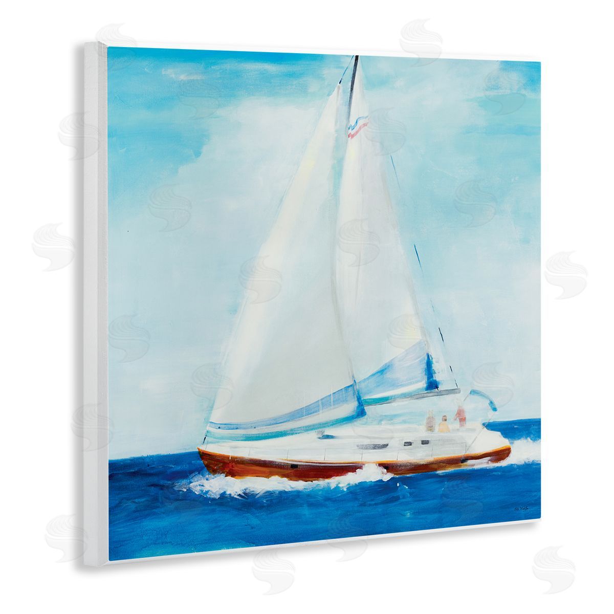 Jill Martin Traditional Summer Sailboat Soft Figures Blue Waves Wooden Wall Plaque Art Print