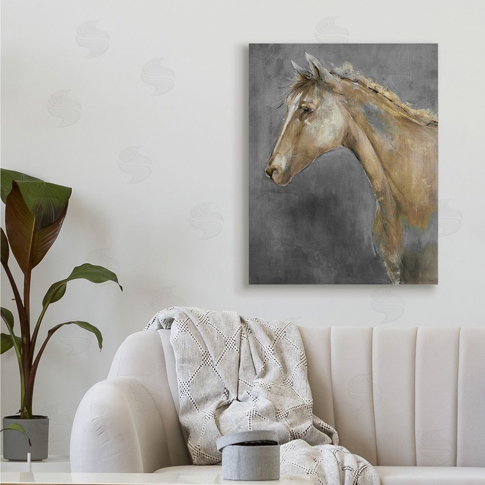 K. Nari Classic Brown Horse on Gray Paintbrush Stroke Pattern 