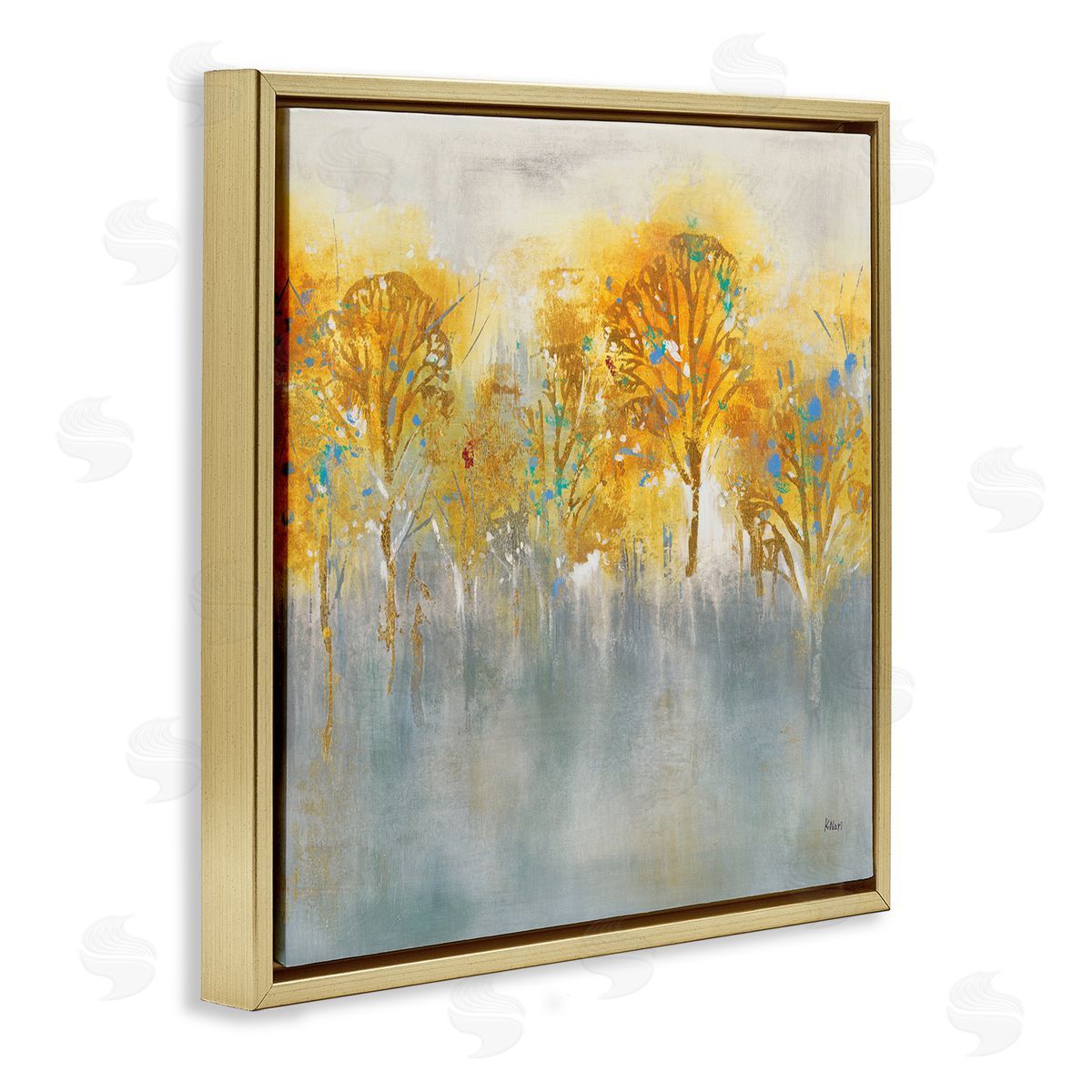 K. Nari Wooded Grey Landscape Abstraction Orange Trees Gold Floating Frame Canvas Wall Art Print