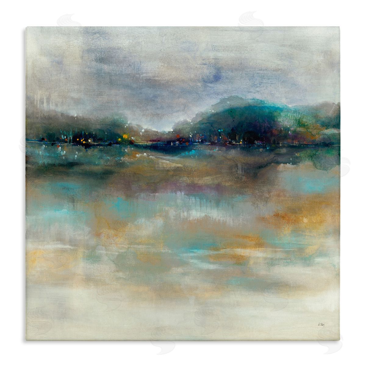 K. Nari Soothing Lakefront Abstract Distant Reflecting Lights  Stretched Canvas Wall Art Print