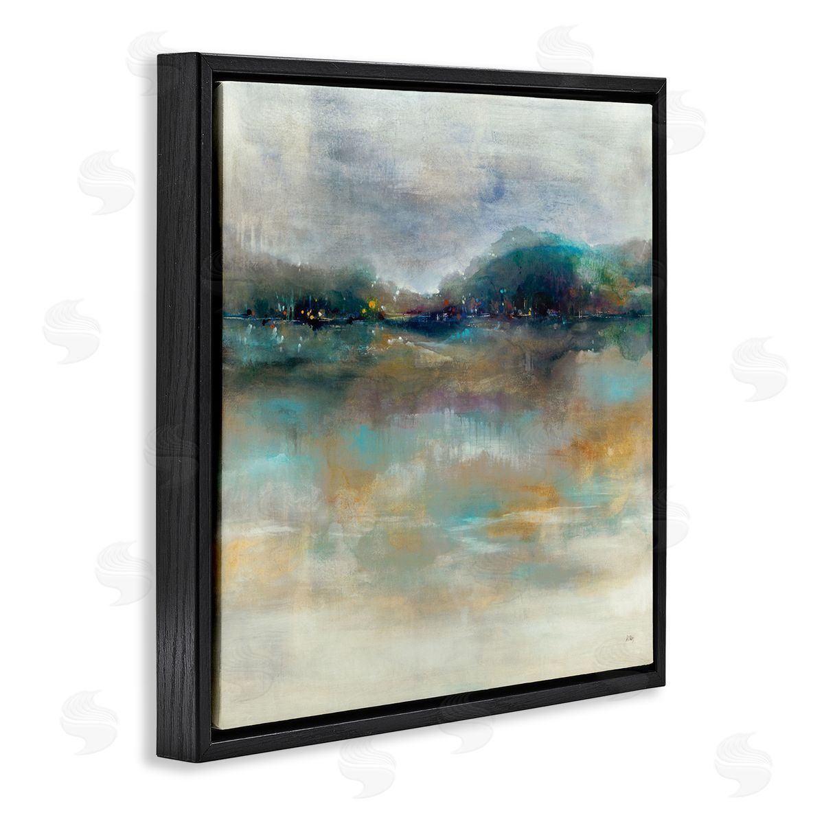 K. Nari Soothing Lakefront Abstract Distant Reflecting Lights  Black Floating Frame Canvas Wall Art Print