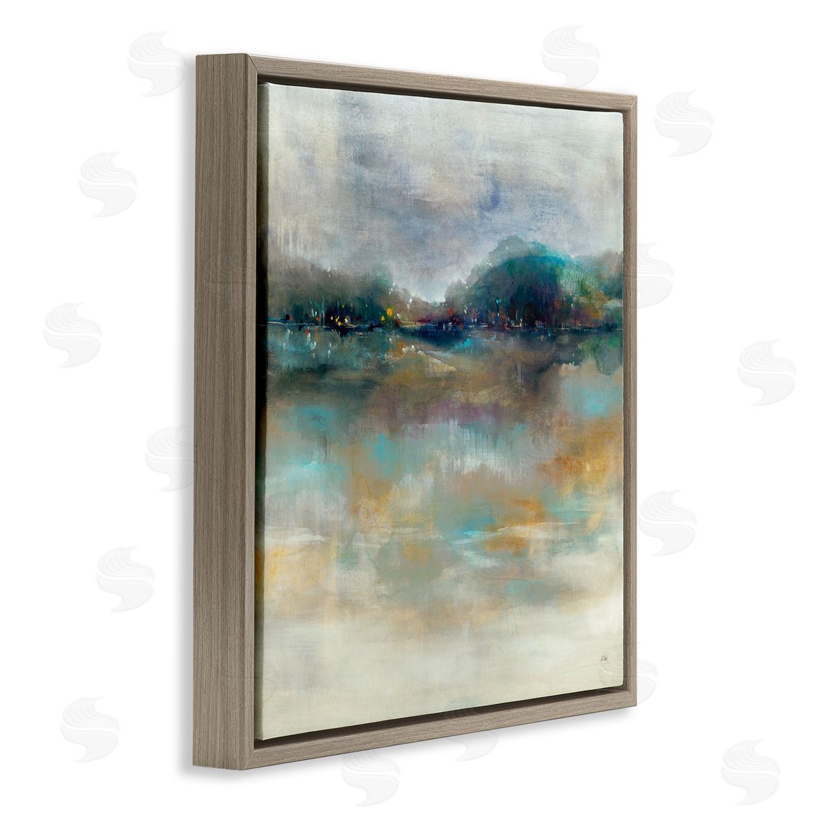 K. Nari Soothing Lakefront Abstract Distant Reflecting Lights  Brown Floating Frame Canvas Wall Art Print