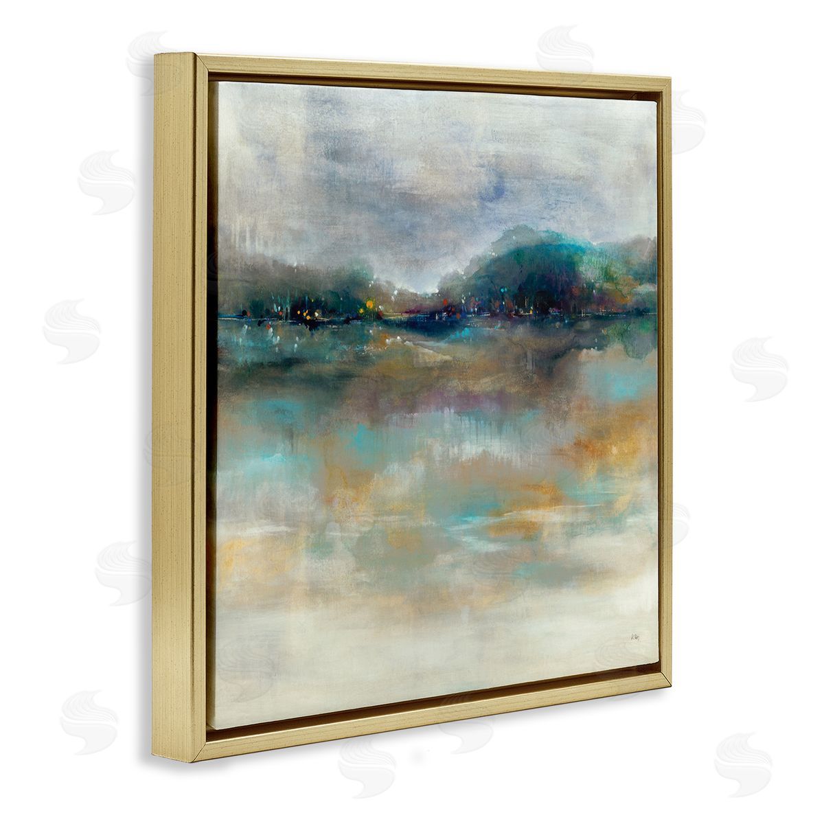 K. Nari Soothing Lakefront Abstract Distant Reflecting Lights  Gold Floating Frame Canvas Wall Art Print